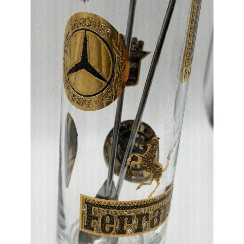Vintage MCM Cocktail Shaker Pitcher Glass Luxury Cars w/spoon & Fork Gold/Black